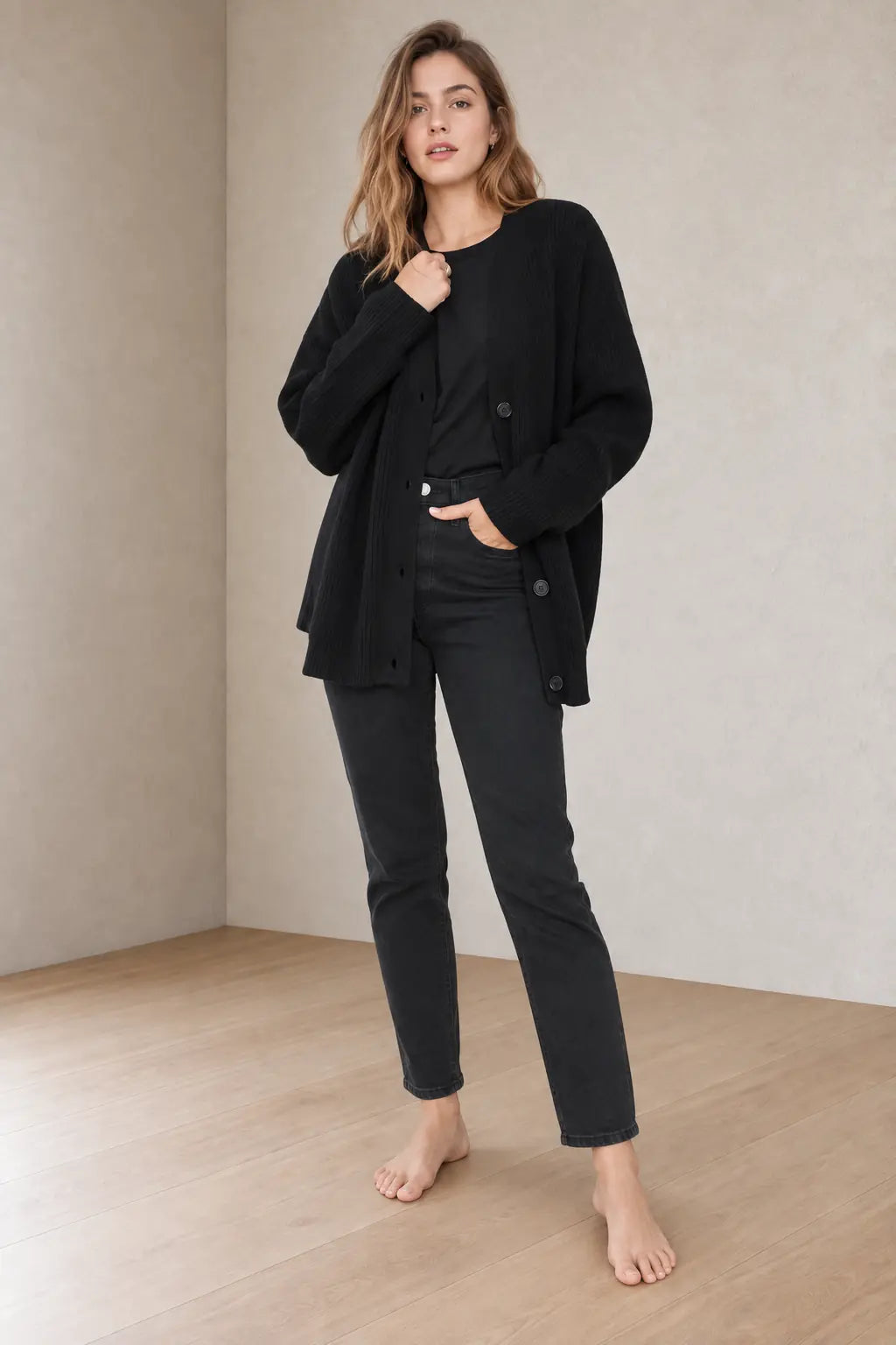 Women's Oversized Cardigan - Deep V-Neck Button-Front Ribbed Knit Sweater - Black