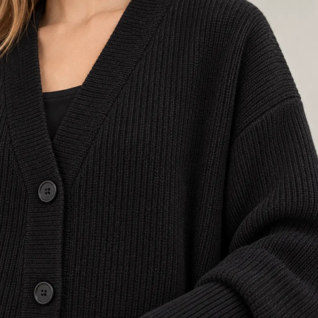 Women's Oversized Cardigan - Deep V-Neck Button-Front Ribbed Knit Sweater - Black