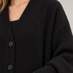 Women's Oversized Cardigan - Deep V-Neck Button-Front Ribbed Knit Sweater - Black