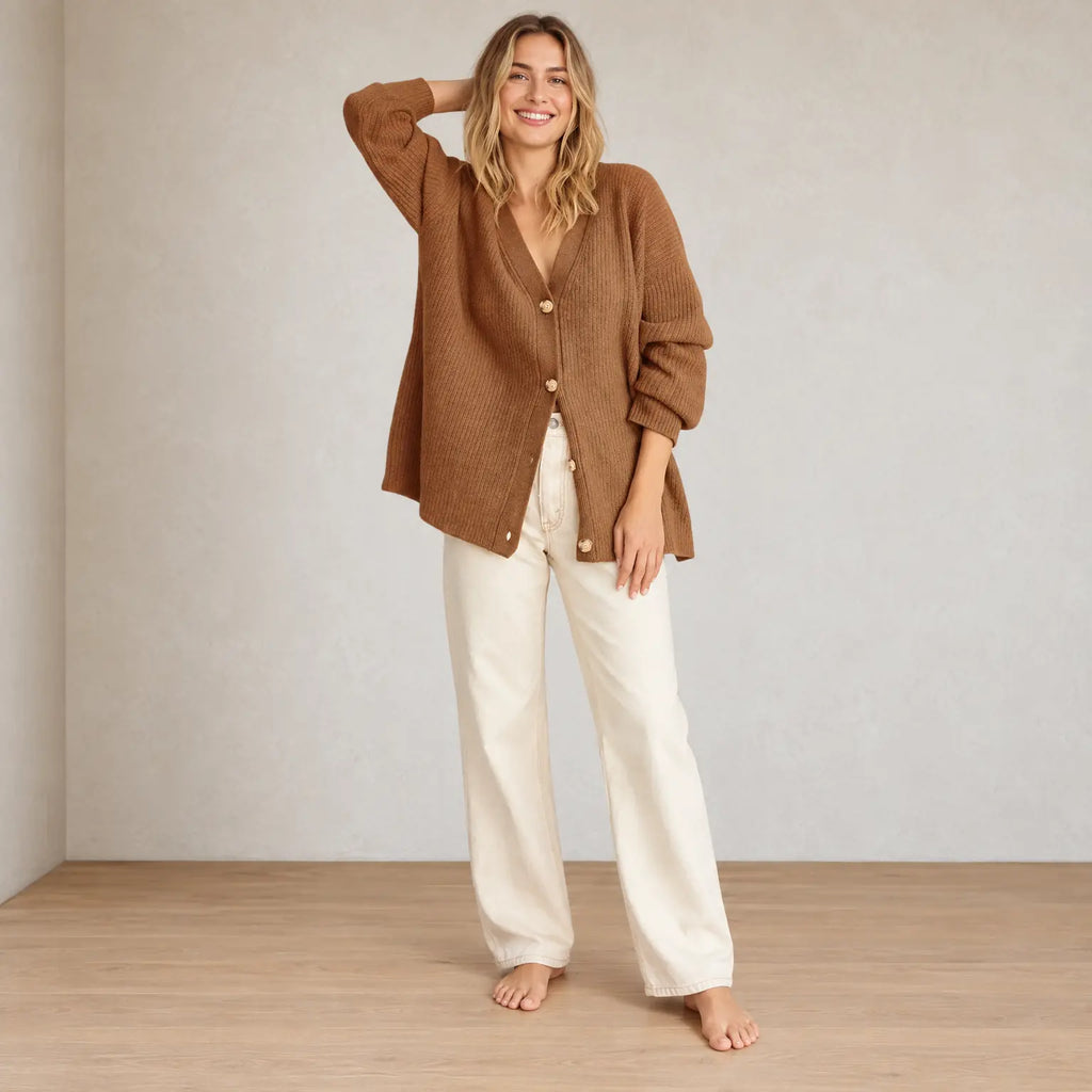 Women's Oversized Cardigan - Deep V-Neck Button-Front Ribbed Knit Sweater - Cinnamon