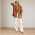 Women's Oversized Cardigan - Deep V-Neck Button-Front Ribbed Knit Sweater - Cinnamon