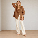 Women's Oversized Cardigan - Deep V-Neck Button-Front Ribbed Knit Sweater - Cinnamon