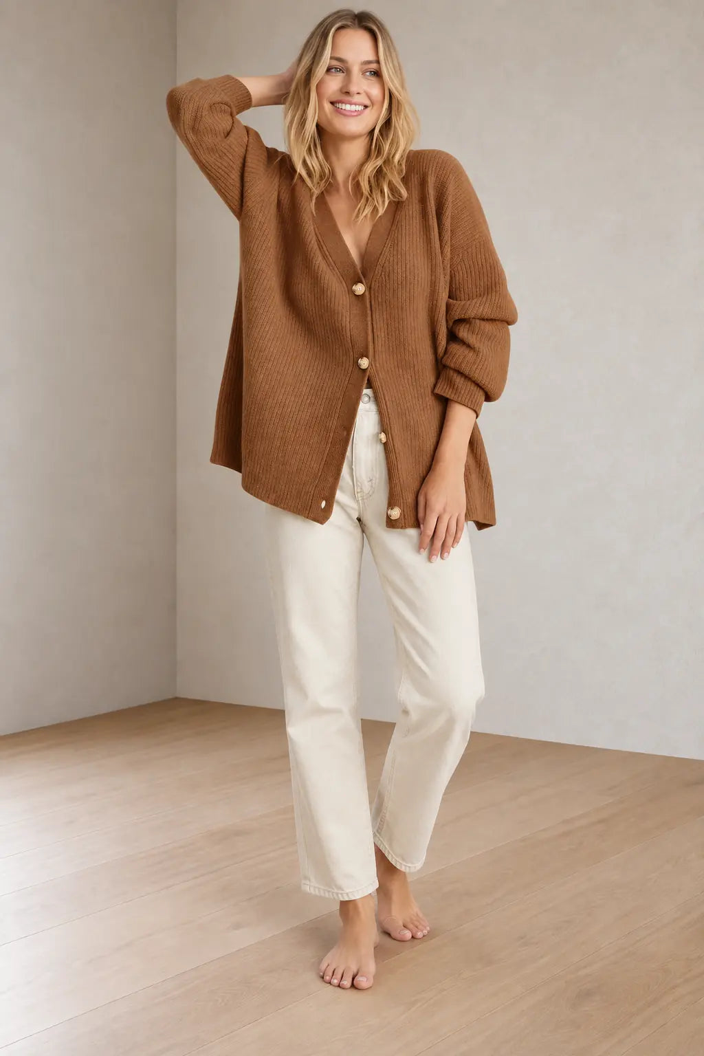 Women's Oversized Cardigan - Deep V-Neck Button-Front Ribbed Knit Sweater - Cinnamon