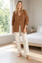Women's Oversized Cardigan - Deep V-Neck Button-Front Ribbed Knit Sweater - Cinnamon