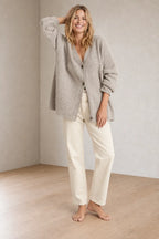 Women's Oversized Cardigan - Deep V-Neck Button-Front Ribbed Knit Sweater - Stone