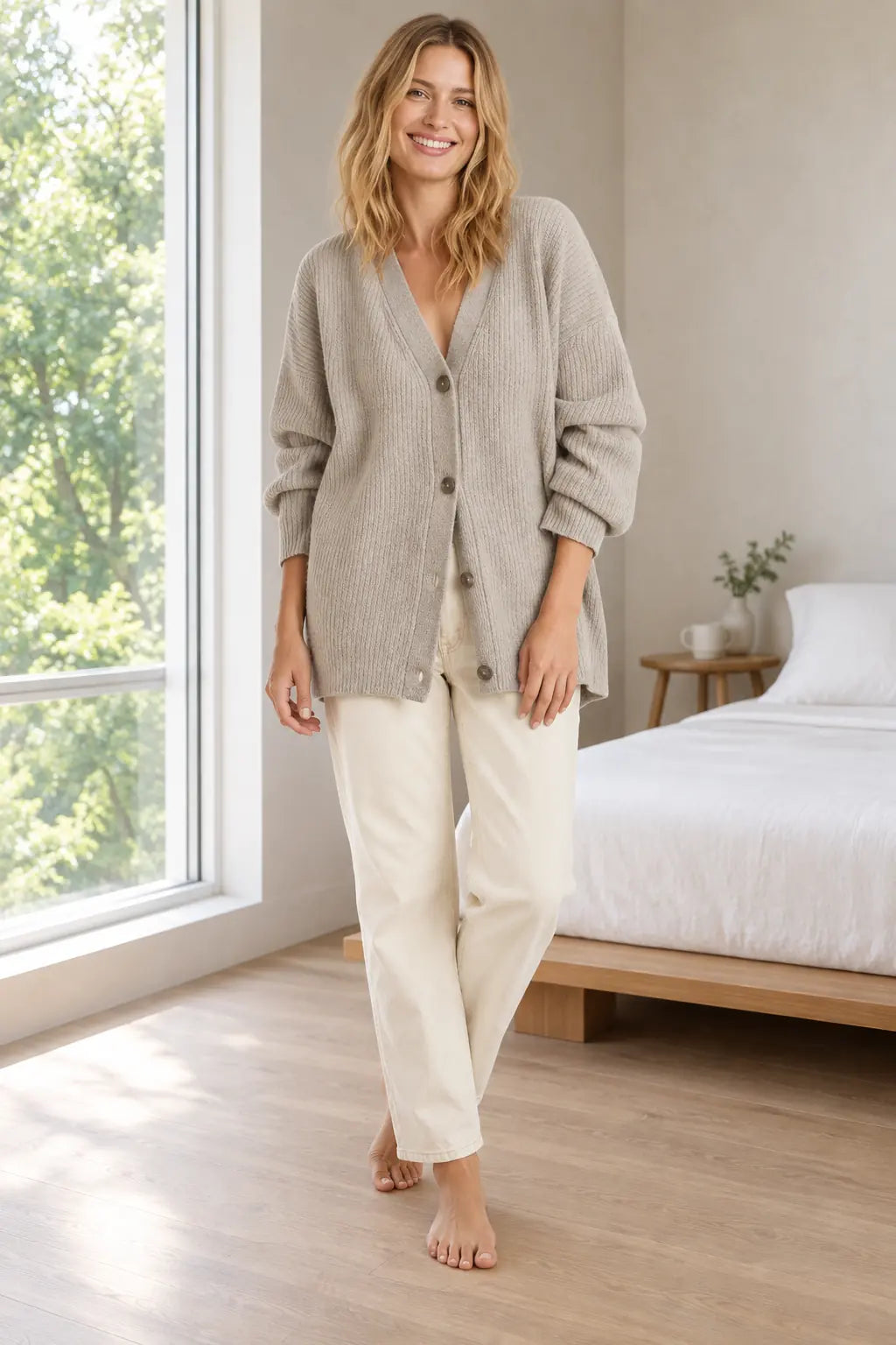 Women's Oversized Cardigan - Deep V-Neck Button-Front Ribbed Knit Sweater - Stone