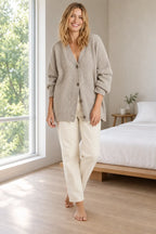 Women's Oversized Cardigan - Deep V-Neck Button-Front Ribbed Knit Sweater - Stone
