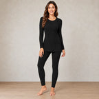 Women's Ribbed Knit Lounge Set - Long Sleeve Split-Hem Top & Fitted Pants - Black