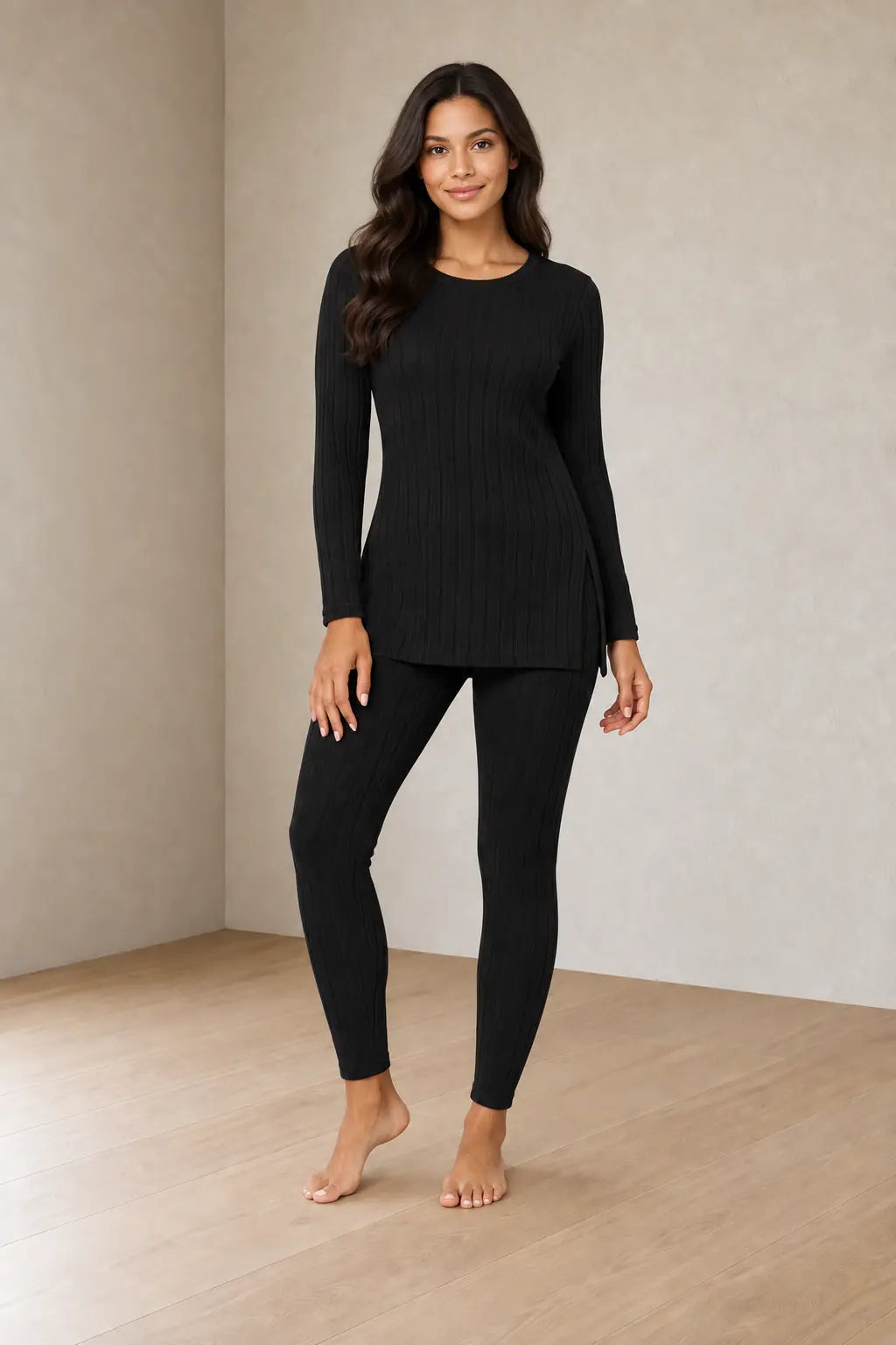 Women's Ribbed Knit Lounge Set - Long Sleeve Split-Hem Top & Fitted Pants - Black
