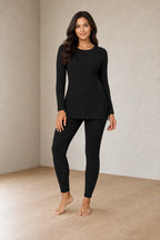 Women's Ribbed Knit Lounge Set - Long Sleeve Split-Hem Top & Fitted Pants - Black
