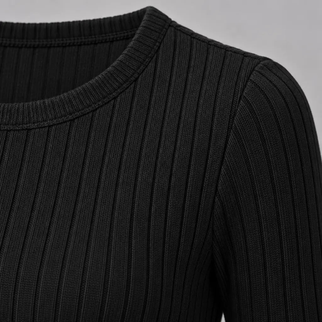 Women's Ribbed Knit Lounge Set - Long Sleeve Split-Hem Top & Fitted Pants - Black