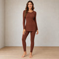 Women's Ribbed Knit Lounge Set - Long Sleeve Split-Hem Top & Fitted Pants - Chestnut