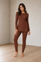 Women's Ribbed Knit Lounge Set - Long Sleeve Split-Hem Top & Fitted Pants - Chestnut