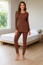 Women's Ribbed Knit Lounge Set - Long Sleeve Split-Hem Top & Fitted Pants - Chestnut