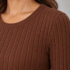 Women's Ribbed Knit Lounge Set - Long Sleeve Split-Hem Top & Fitted Pants - Chestnut