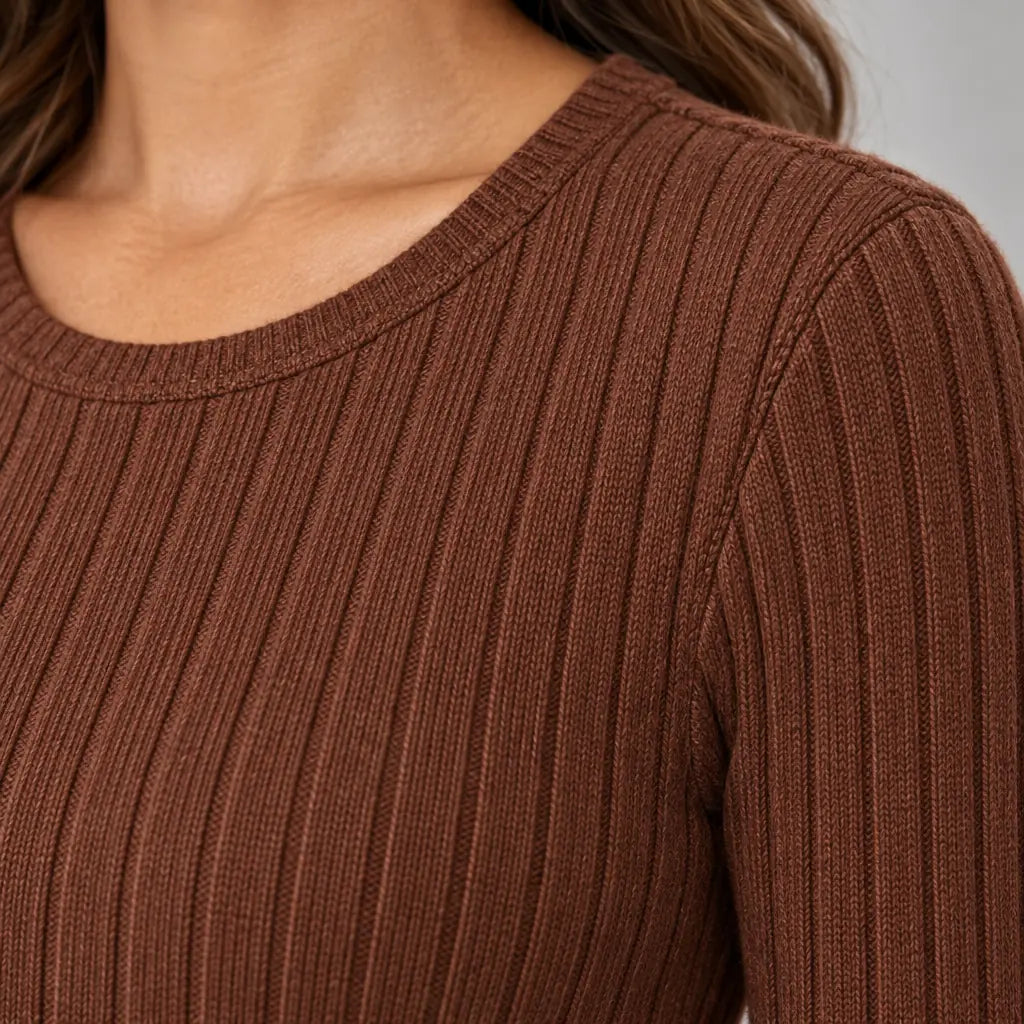 Women's Ribbed Knit Lounge Set - Long Sleeve Split-Hem Top & Fitted Pants - Chestnut