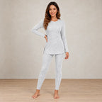 Women's Ribbed Knit Lounge Set - Long Sleeve Split-Hem Top & Fitted Pants - Light Gray