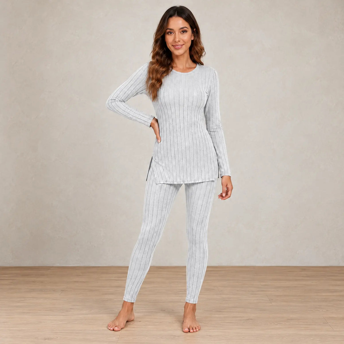 Women's Ribbed Knit Lounge Set - Long Sleeve Split-Hem Top & Fitted Pants - Light Gray