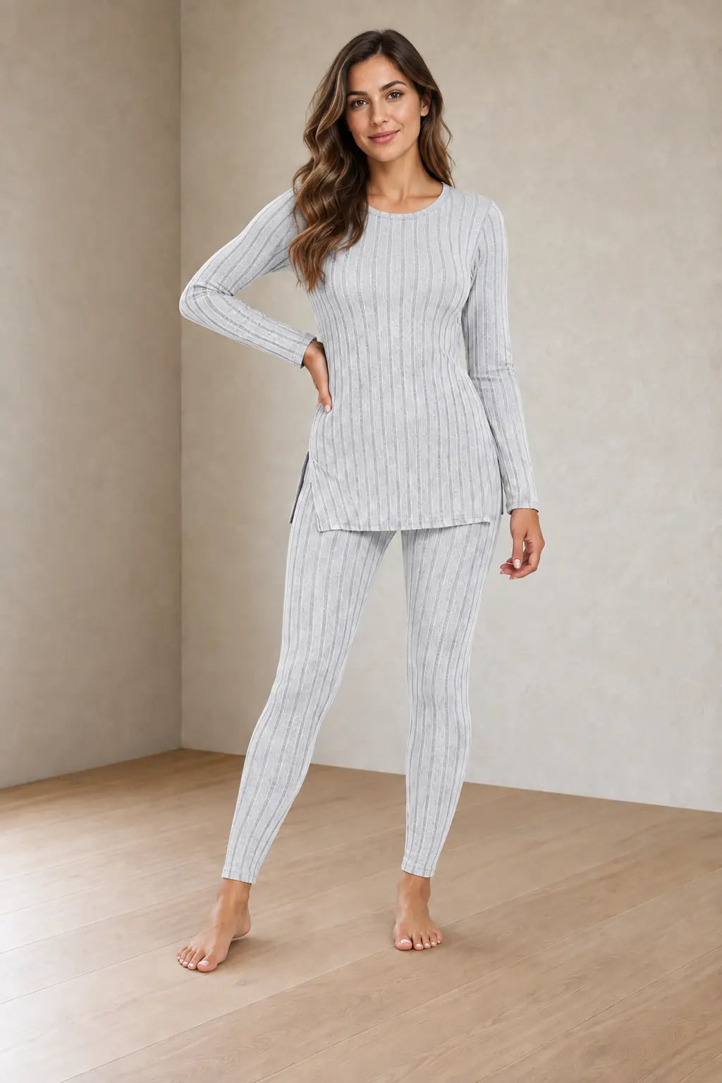 Women's Ribbed Knit Lounge Set - Long Sleeve Split-Hem Top & Fitted Pants - Light Gray