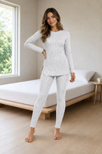 Women's Ribbed Knit Lounge Set - Long Sleeve Split-Hem Top & Fitted Pants - Light Gray