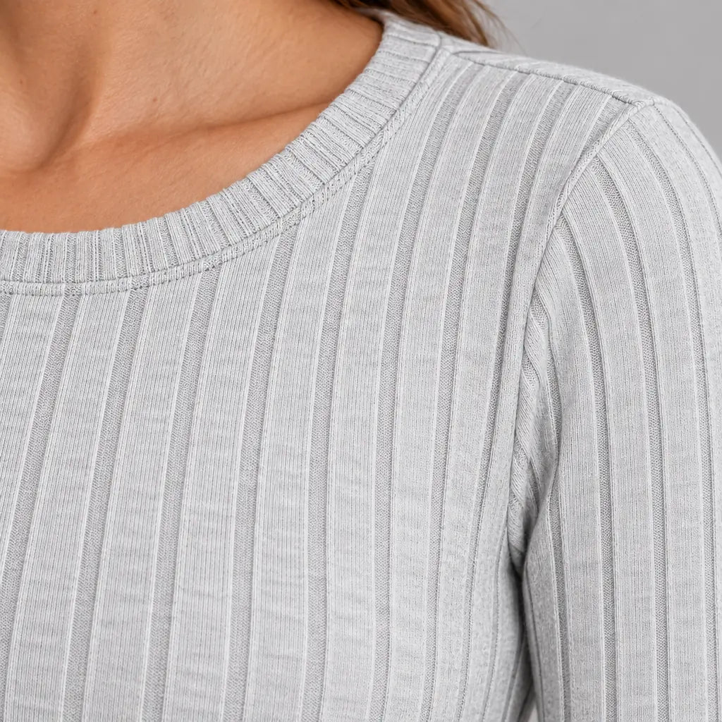 Women's Ribbed Knit Lounge Set - Long Sleeve Split-Hem Top & Fitted Pants - Light Gray