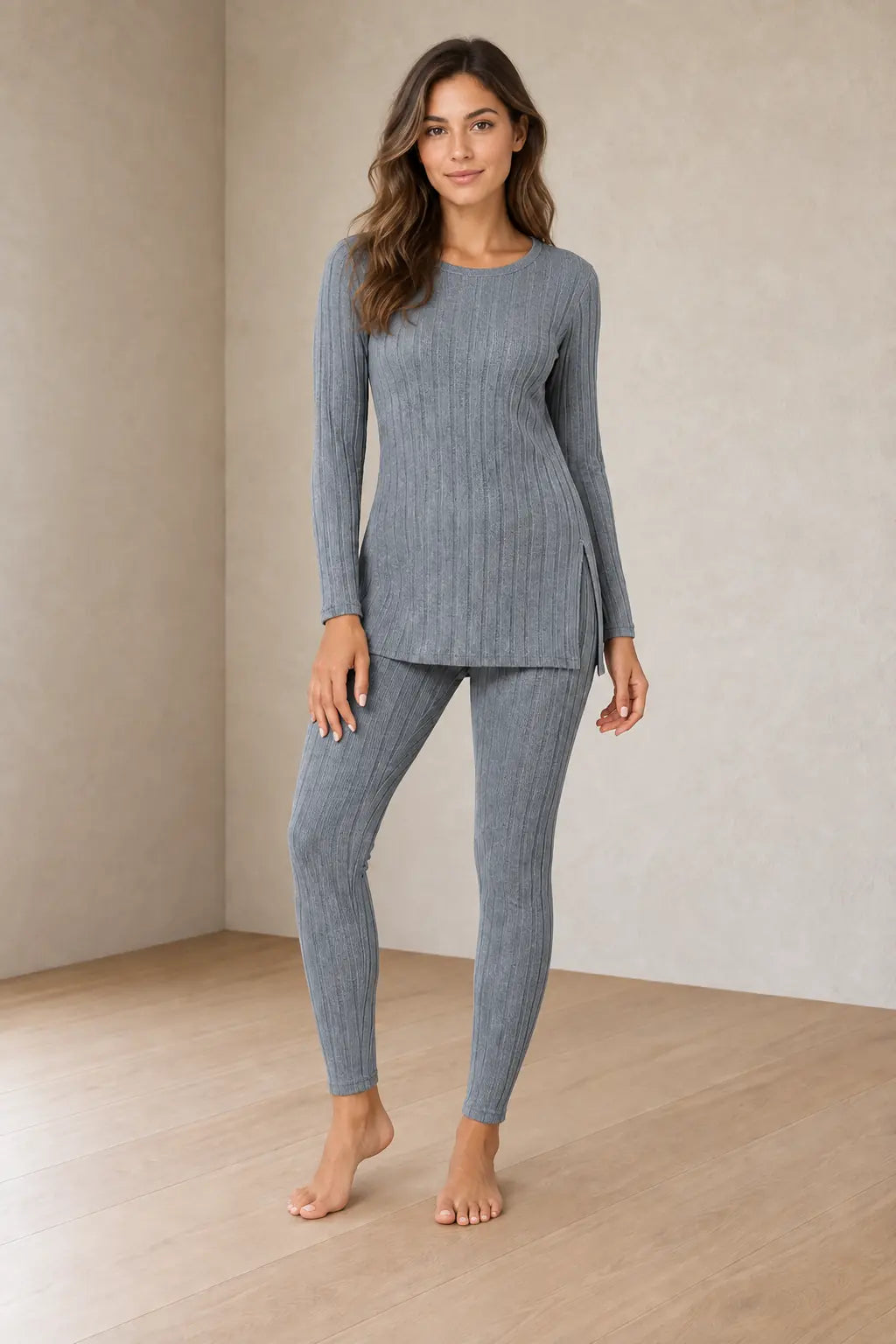 Women's Ribbed Knit Lounge Set - Long Sleeve Split-Hem Top & Fitted Pants - Slate Gray