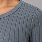 Women's Ribbed Knit Lounge Set - Long Sleeve Split-Hem Top & Fitted Pants - Slate Gray