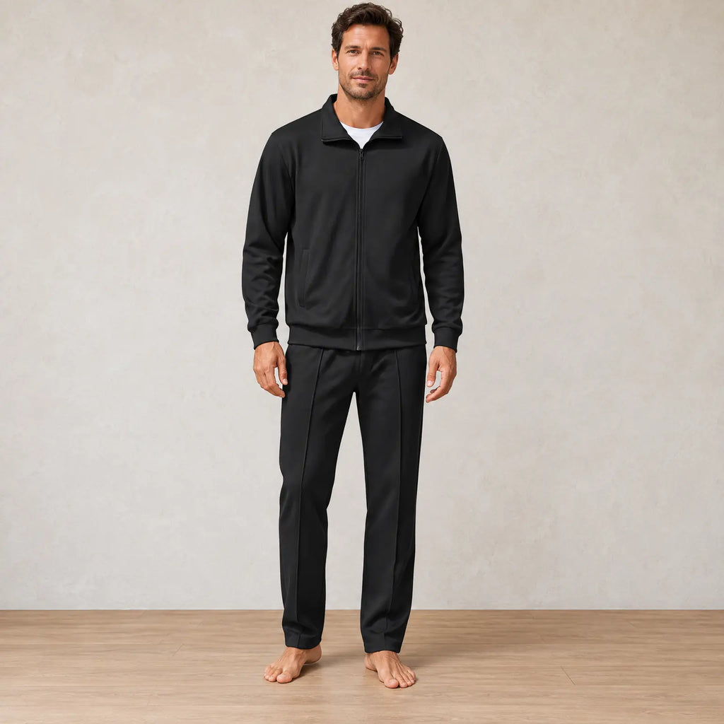 Men's Two-Piece Lounge Set - Stand Collar Full-Zip Jacket & Jogger Pants - Black