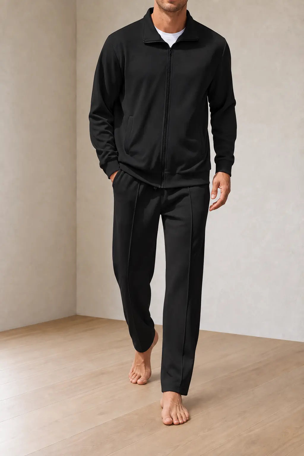 Men's Two-Piece Lounge Set - Stand Collar Full-Zip Jacket & Jogger Pants - Black