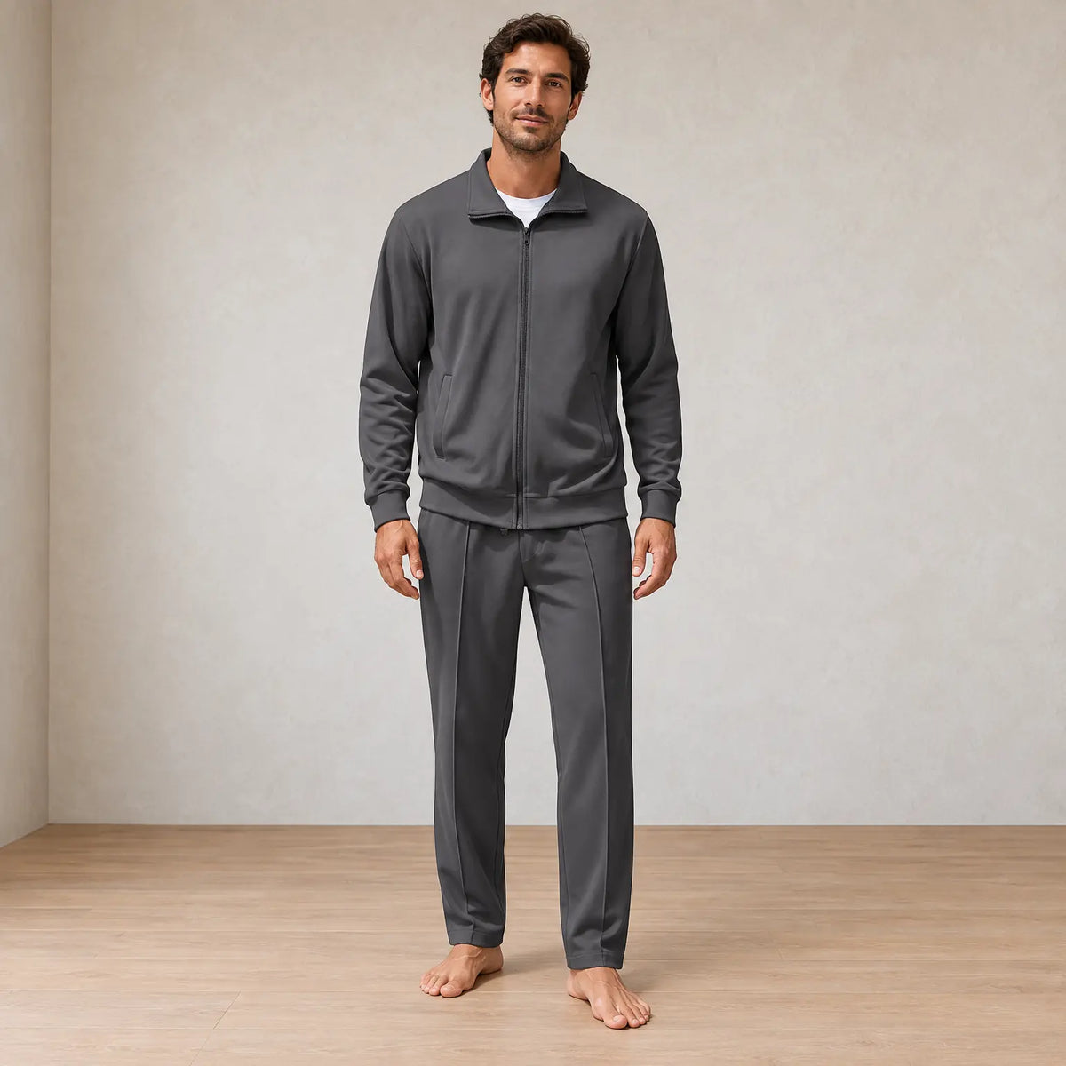 Men's Two-Piece Lounge Set - Stand Collar Full-Zip Jacket & Jogger Pants - Charcoal
