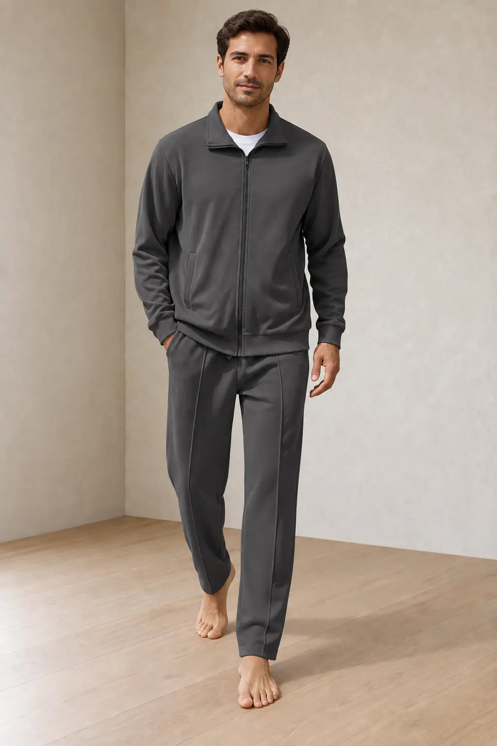 Men's Two-Piece Lounge Set - Stand Collar Full-Zip Jacket & Jogger Pants - Charcoal