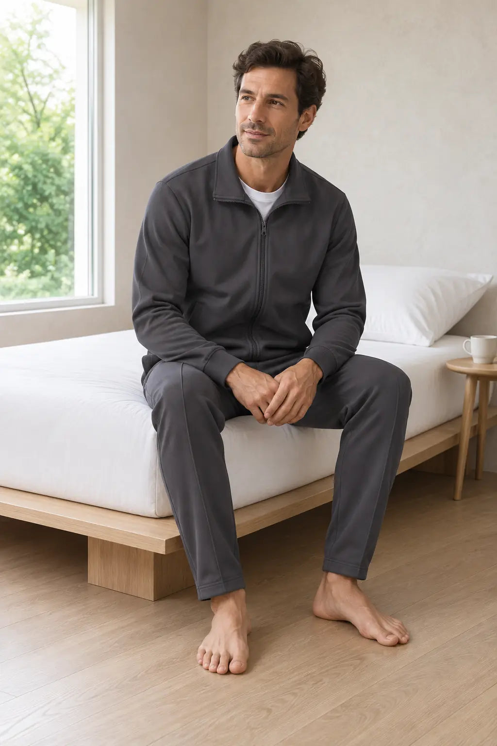 Men's Two-Piece Lounge Set - Stand Collar Full-Zip Jacket & Jogger Pants - Charcoal