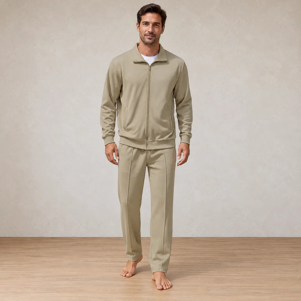 Men's Two-Piece Lounge Set - Stand Collar Full-Zip Jacket & Jogger Pants - Khaki