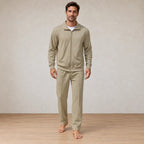 Men's Two-Piece Lounge Set - Stand Collar Full-Zip Jacket & Jogger Pants - Khaki