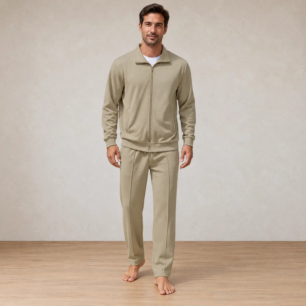 Men's Two-Piece Lounge Set - Stand Collar Full-Zip Jacket & Jogger Pants - Khaki