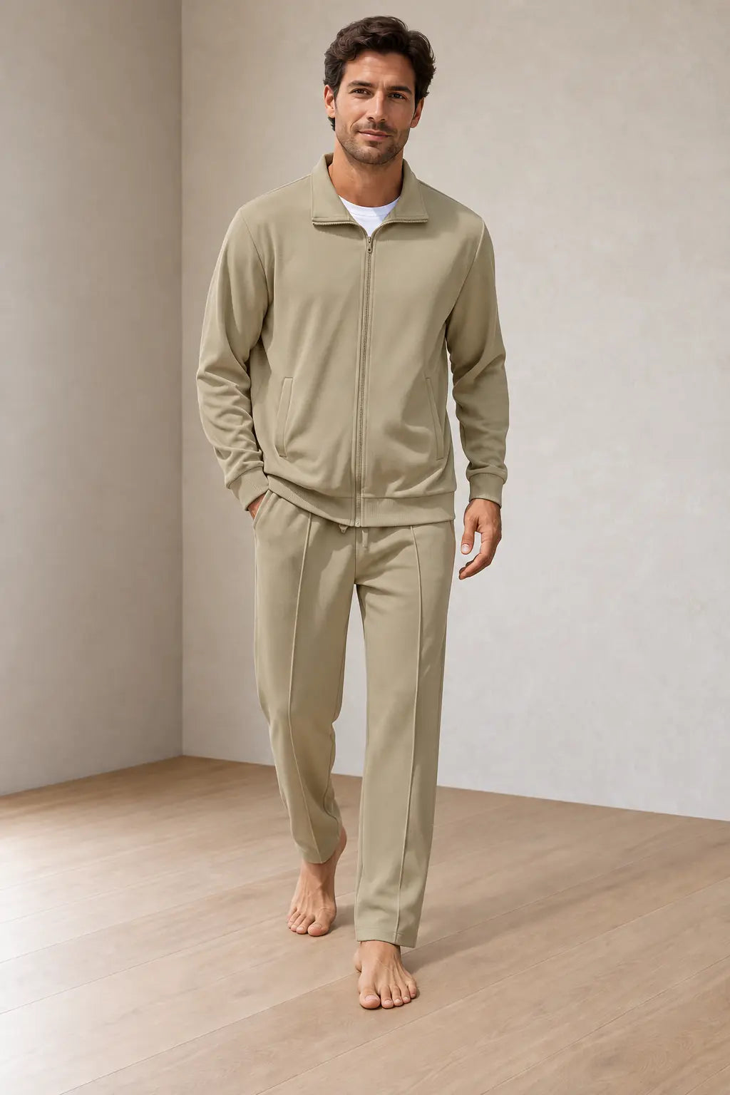 Men's Two-Piece Lounge Set - Stand Collar Full-Zip Jacket & Jogger Pants - Khaki