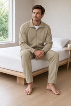 Men's Two-Piece Lounge Set - Stand Collar Full-Zip Jacket & Jogger Pants - Khaki
