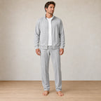 Men's Two-Piece Lounge Set - Stand Collar Full-Zip Jacket & Jogger Pants - Light Gray