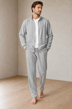 Men's Two-Piece Lounge Set - Stand Collar Full-Zip Jacket & Jogger Pants - Light Gray