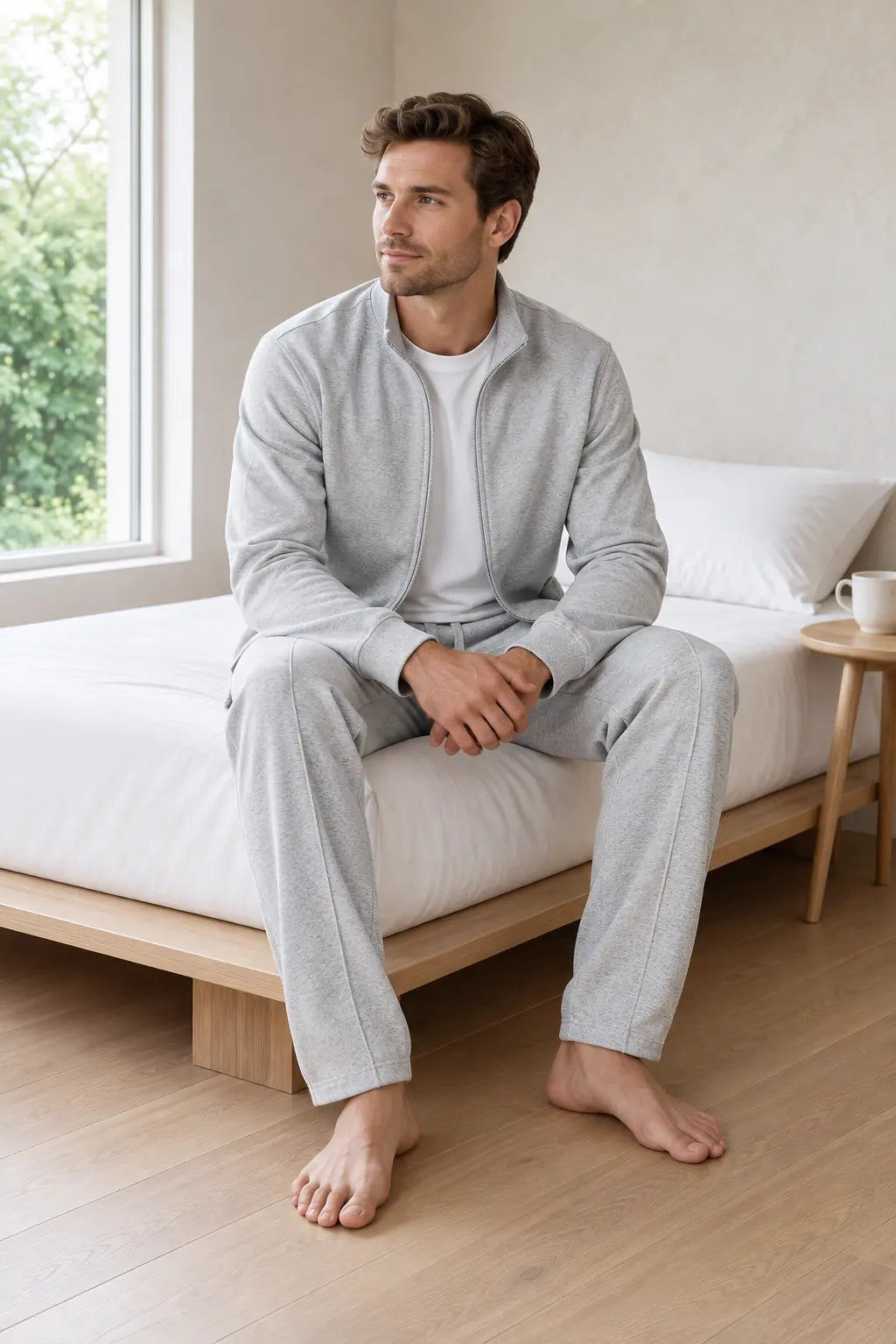 Men's Two-Piece Lounge Set - Stand Collar Full-Zip Jacket & Jogger Pants - Light Gray