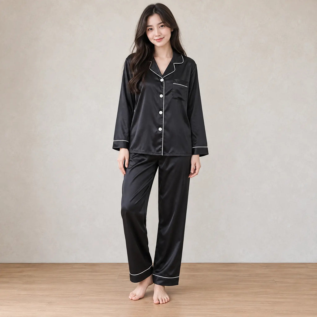 Women's Satin Pajama Set - Long Sleeve Button-Up Top with Piping & Pants - Black
