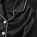 Women's Satin Pajama Set - Long Sleeve Button-Up Top with Piping & Pants - Black