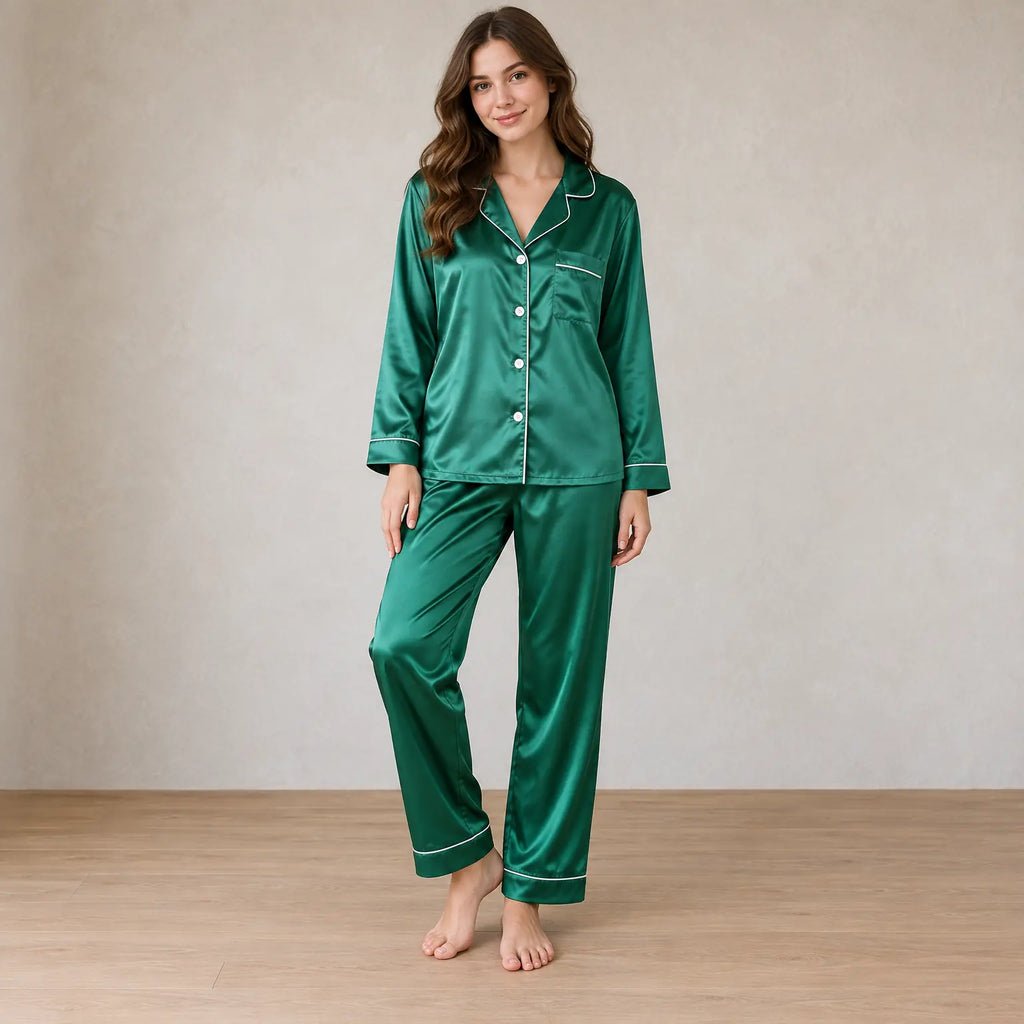 Women's Satin Pajama Set - Long Sleeve Button-Up Top with Piping & Pants - Emerald