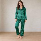 Women's Satin Pajama Set - Long Sleeve Button-Up Top with Piping & Pants - Emerald