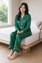 Women's Satin Pajama Set - Long Sleeve Button-Up Top with Piping & Pants - Emerald