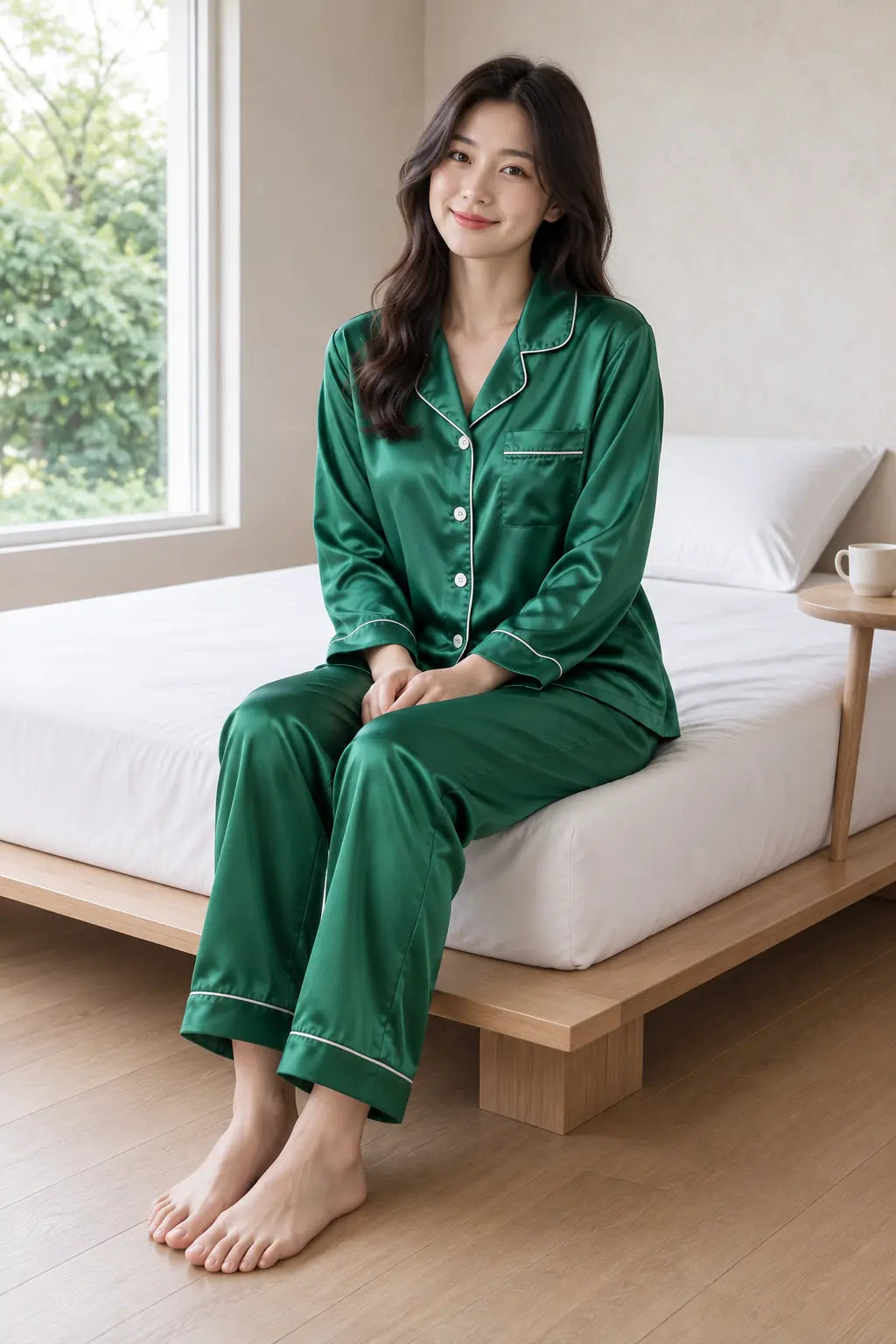 Women's Satin Pajama Set - Long Sleeve Button-Up Top with Piping & Pants - Emerald
