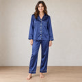 Women's Satin Pajama Set - Long Sleeve Button-Up Top with Piping & Pants - Navy