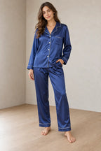 Women's Satin Pajama Set - Long Sleeve Button-Up Top with Piping & Pants - Navy