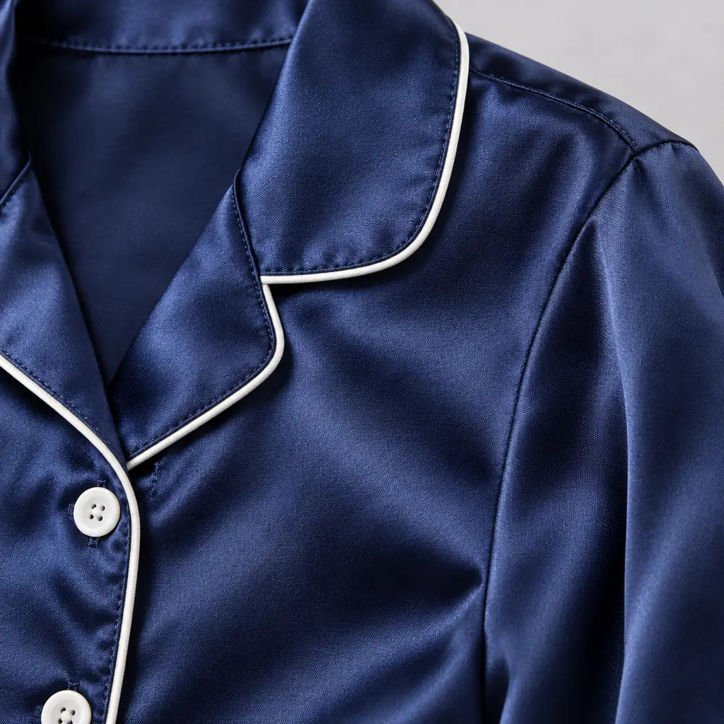 Women's Satin Pajama Set - Long Sleeve Button-Up Top with Piping & Pants - Navy