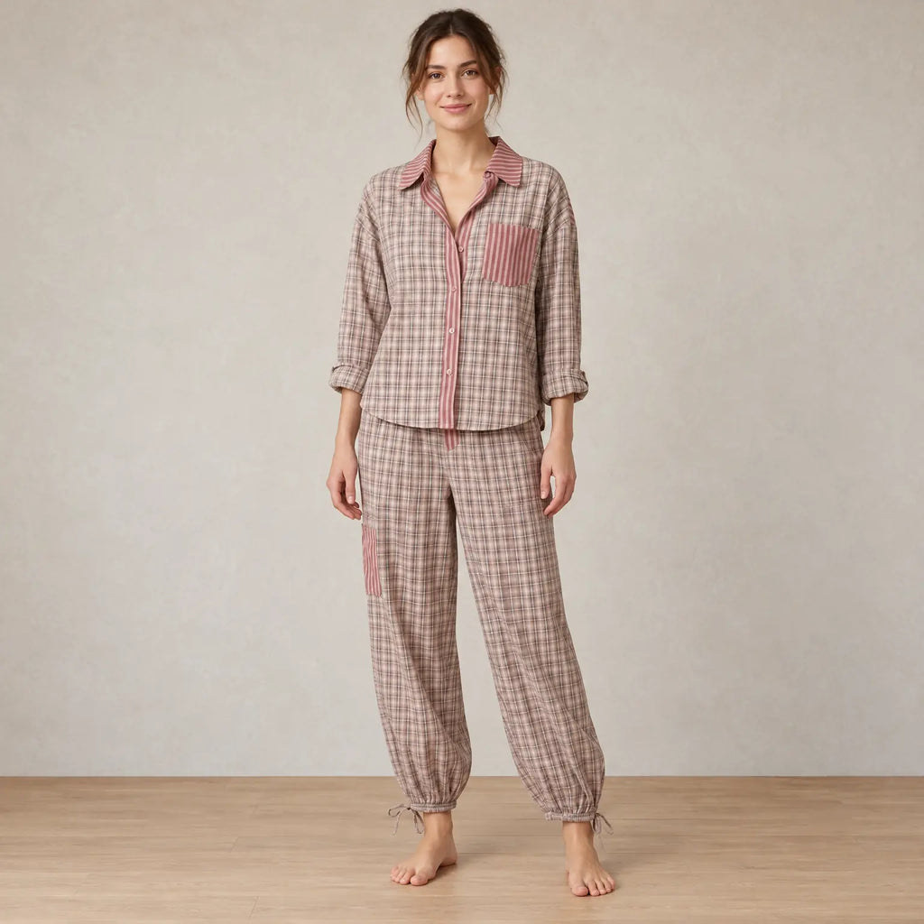Women's Cotton Pajama Set - Oversized Stripe & Plaid Shirt & Wide-Leg Pants - Pink Plaid & Stripe